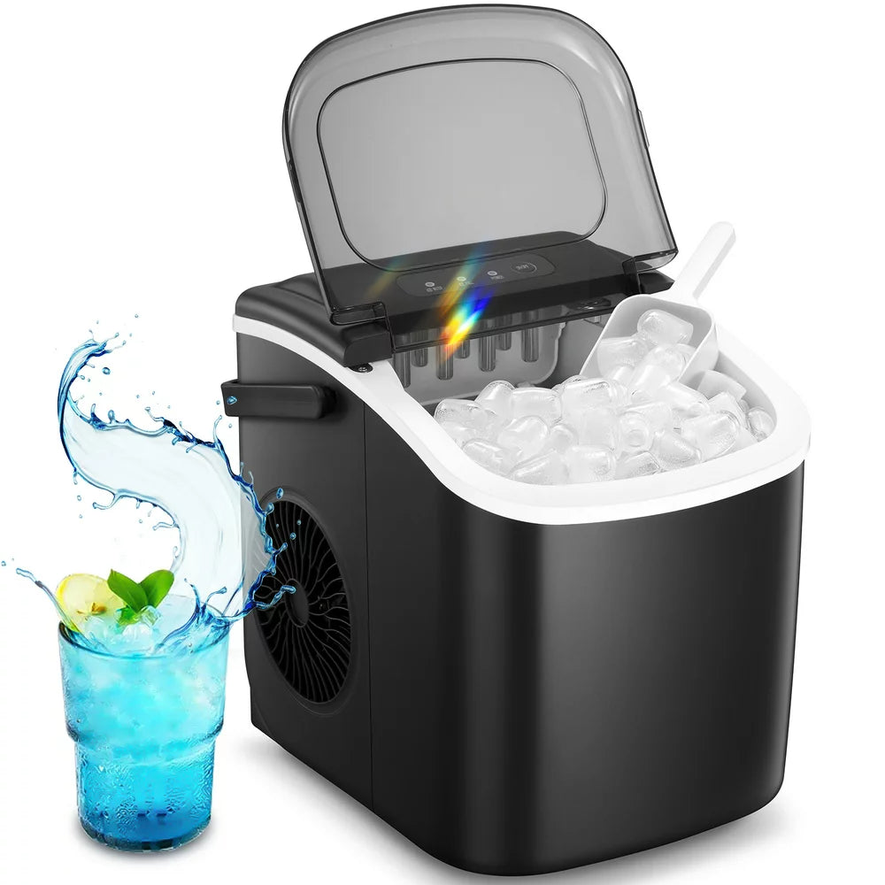 Countertop Ice Maker, Portable Ice Machine with Handle, 26Lbs/24H, 9 Cubes Ready in 6 Mins, One-Click Operation Ice Makers with Ice Scoop and Basket, for Kitchen/Office/Bar/Party (Black)