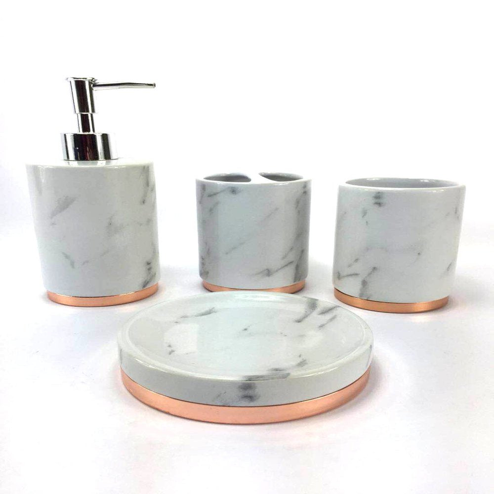 4 Piece Marble Ceramic Bath Accessories Sets, Off-White