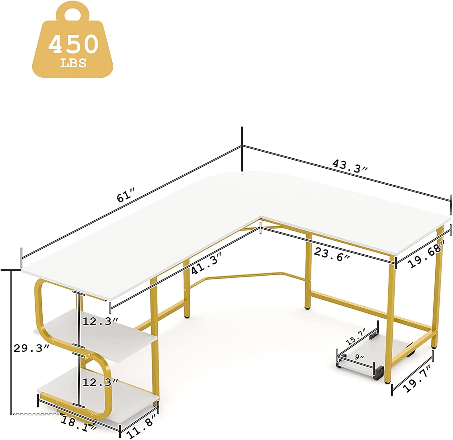 Reversible L Shaped Desk with Shelves 61“ Computer Desk Gaming Desk for Home Office Corner Office Desk for Small Space